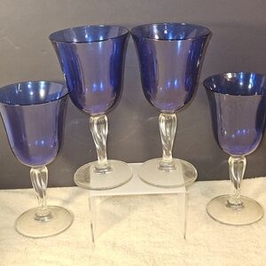 4 ~ CRISTAL D'ARQUES  Sapphire Blue  Wine/Water Goblet Twisted Clear Stem